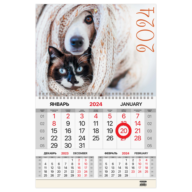 картинка Календарь квартальный 2024г Brauberg 115329 "Pets", 3 блока, 1 спираль, магнитный бегунок, мелованная бумага  магазина КанАрт Екатеринбург