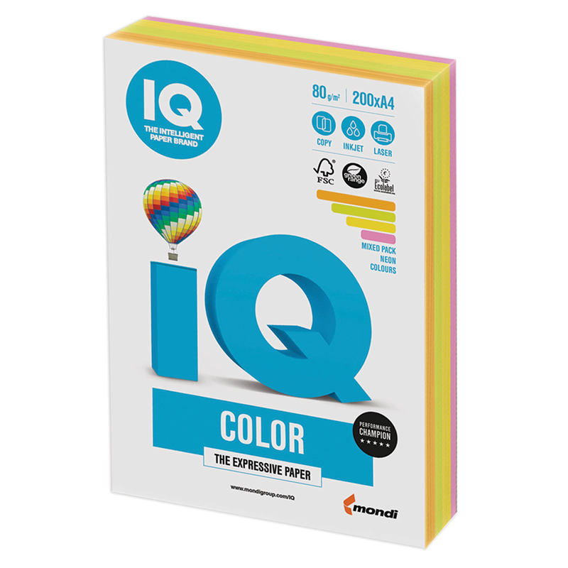 картинка Бумага для офисной техники цветная A4 IQ color RB04 неон, 80г/м2, 4 цвета*50л, 200л/пачка магазина КанАрт Екатеринбург