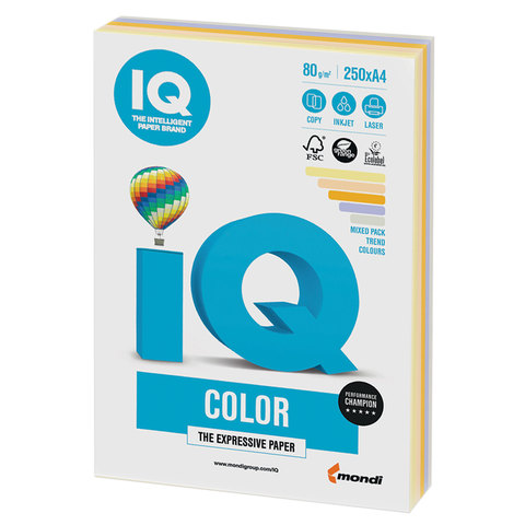 картинка Бумага для офисной техники цветная A4 IQ color RB03 умеренно-интенсив (тренд), 80г/м2, 5 цветов*50л, 250л/пачка магазина КанАрт Екатеринбург